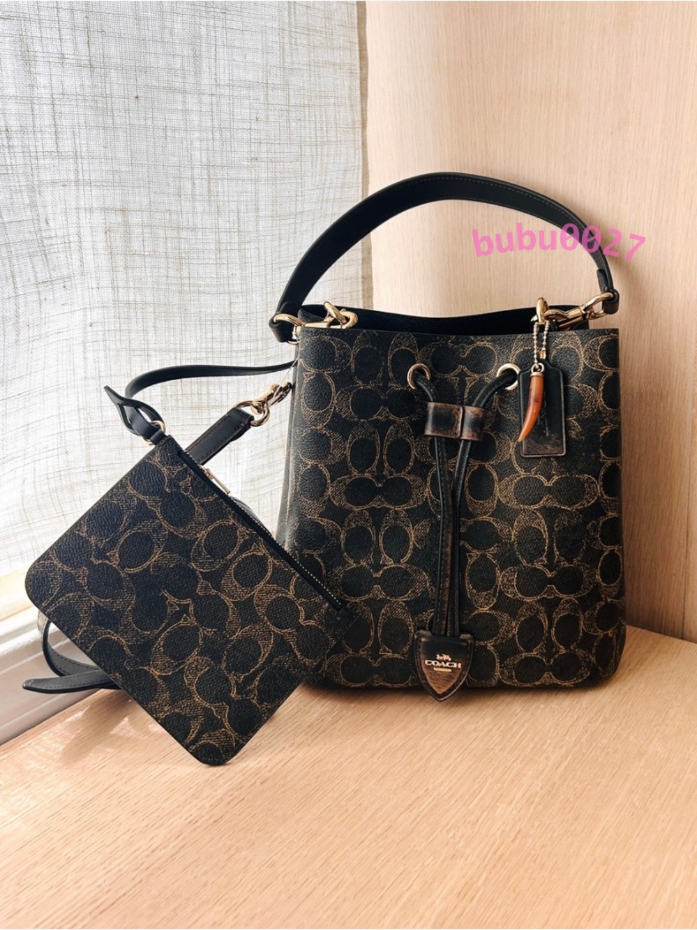 NWT🤎Coach Rowan Bucket Bag Loved Signature Canvas With Charms CDY21 Dark Brown